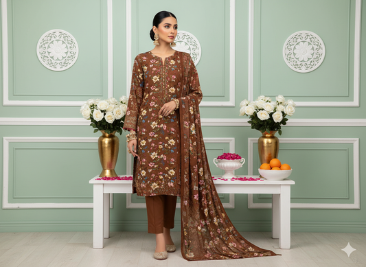 I.J by Hooriya Gold – Mocha Bloom 3-Piece Unstitched Viscose Suit