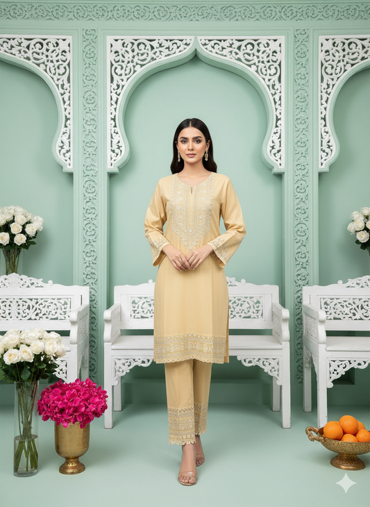 Beige 2-Piece Embroidered Khaddar Suit – Winter Collection