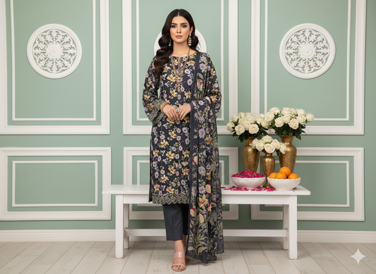 I.J by Hooriya Gold – Charcoal Garden 3-Piece Unstitched Viscose Suit