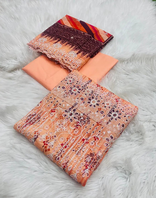 Rawayat Cut Work 3-Piece Suit with Dupatta – Peach & Maroon Contrast Khoobsurat