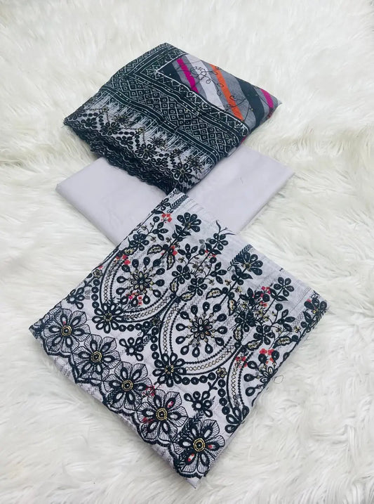 Rawayat Cut Work 3-Piece Suit with Dupatta – Grey & Black Elegance Khoobsurat
