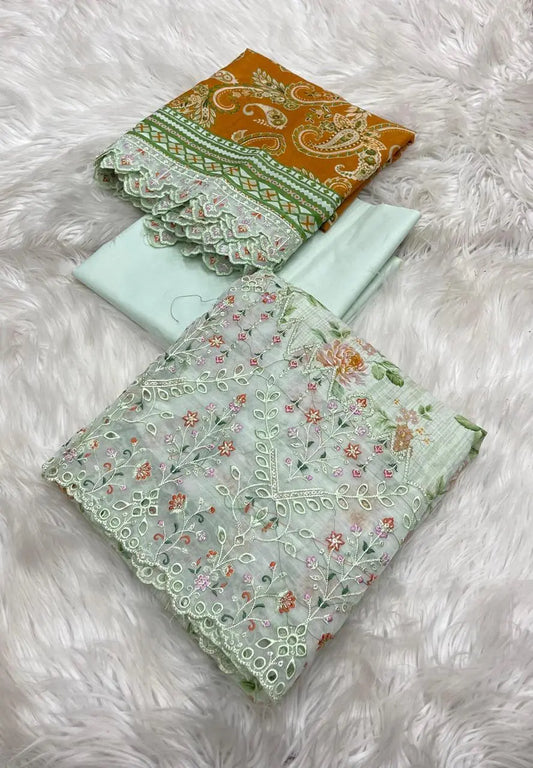 Rawayat Cut Work 3-Piece Suit with Dupatta – Pastel Green & Mustard Elegance Khoobsurat
