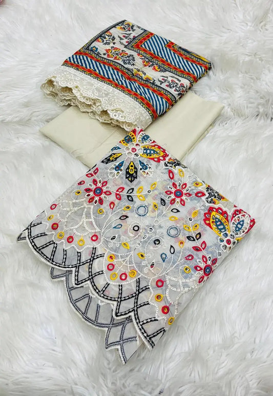 Rawayat Cut Work 3-Piece Suit with Dupatta – White & Multicolor Charm khoobsurat.store