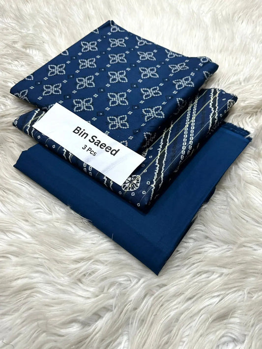 Bin Saeed 3-Piece Lawn Suit – Blue with White Geometric Print Khoobsurat