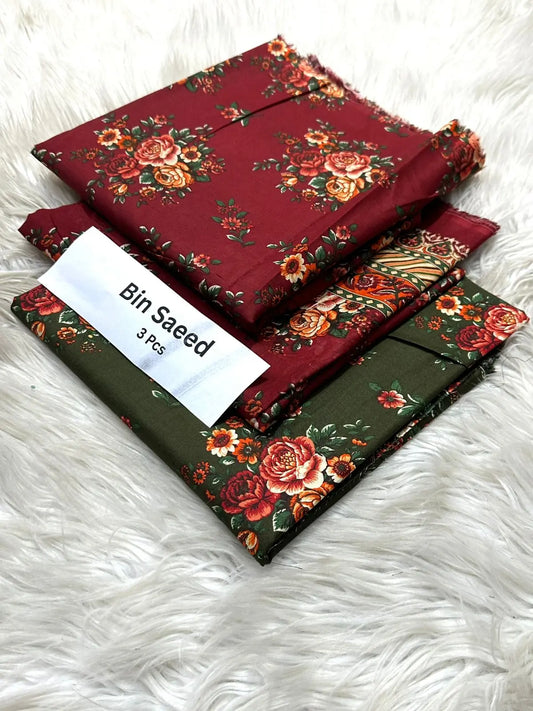 Bin Saeed 3-Piece Lawn Suit – Maroon & Green with Rose Floral Print Khoobsurat