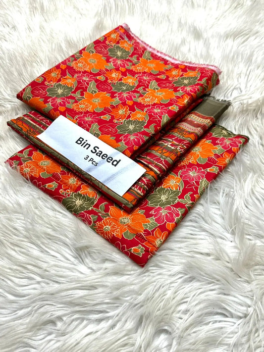 Bin Saeed 3-Piece Lawn Suit – Red with Orange Floral Print Khoobsurat