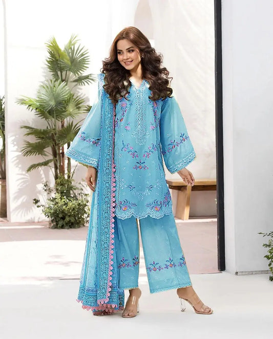 Luxury Embroidered Unstitched 3-Piece – Sky Blue with Floral Embroidery & Tassel Dupatta Khoobsurat