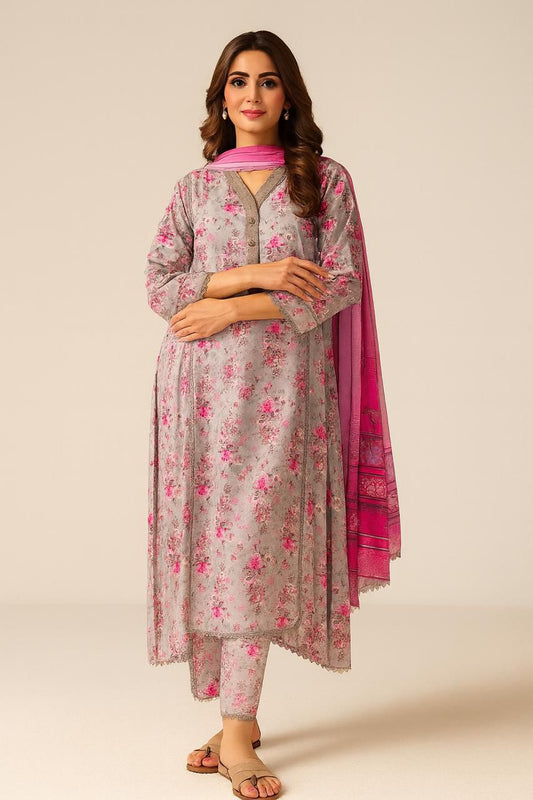 Baroque 3-Piece Cotton Suit – Soft Grey with Pink Florals