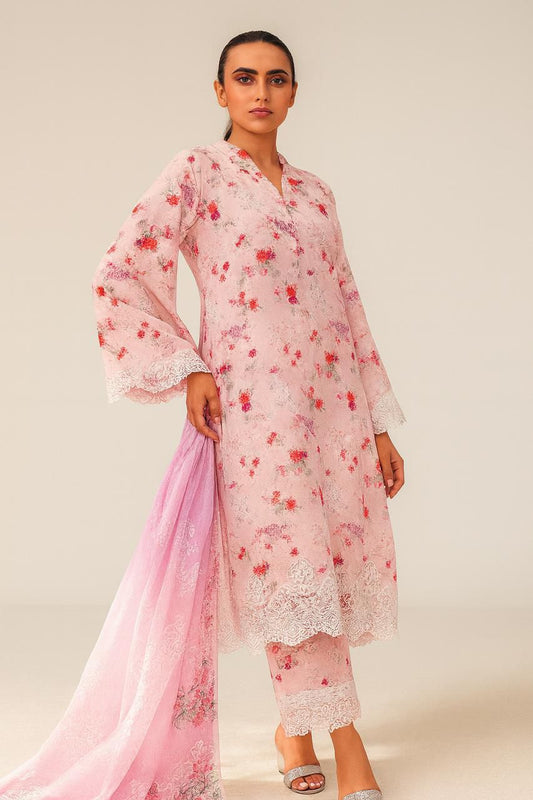 Baroque 3-Piece Embroidered Cotton Suit – Powder Pink with Lace Details