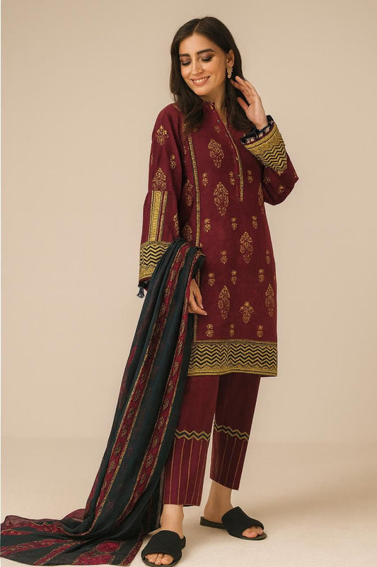 Baroque 3-Piece Embroidered Khaddar Suit – Deep Maroon with Gold Motifs