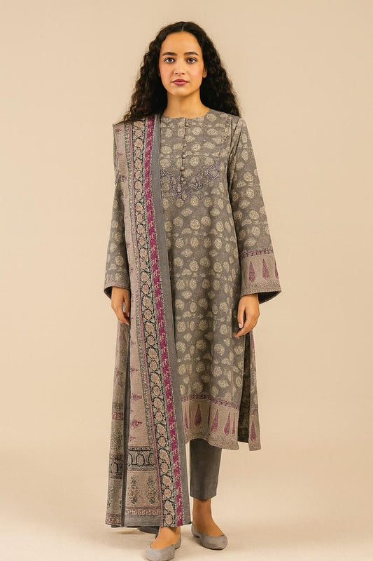 Baroque 3-Piece Linen Suit – Classic Grey with Traditional Motifs