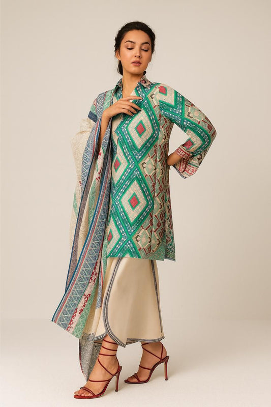Baroque 3-Piece Linen Suit – Geometric Elegance in Green & Cream