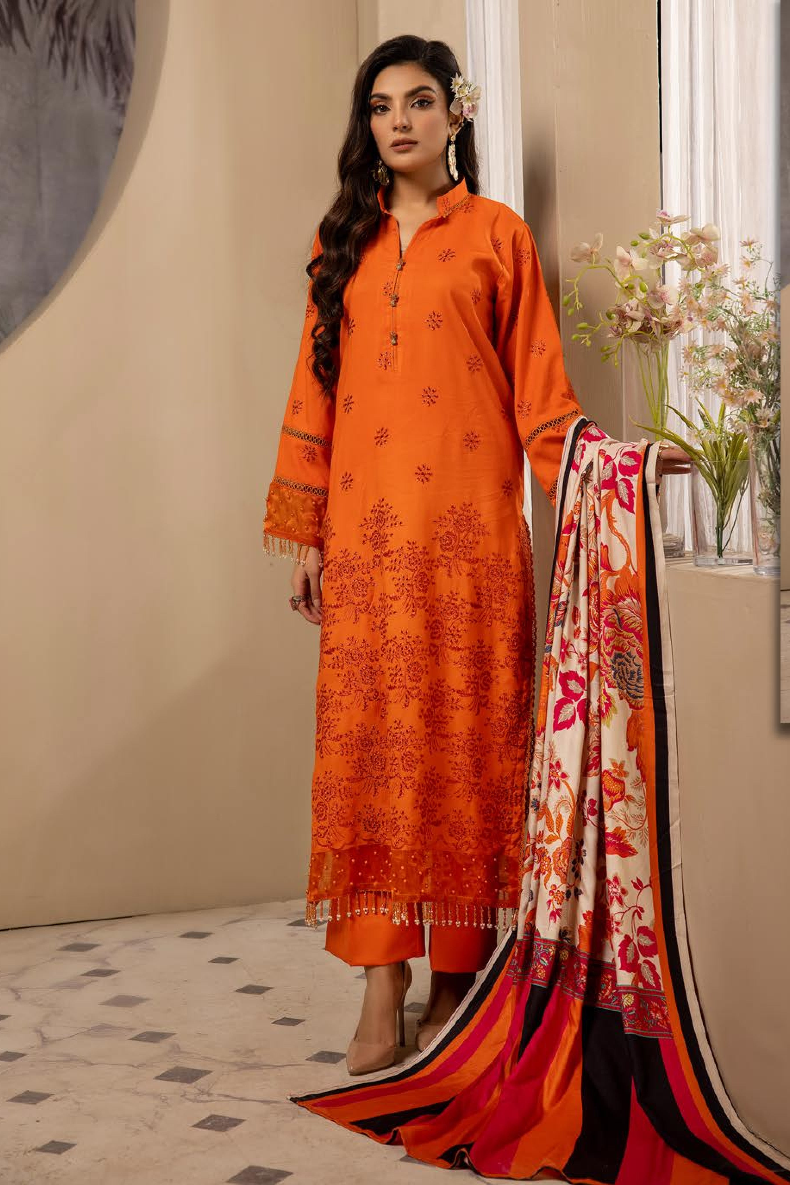 Mehak Embroidered Slub 3 Piece Suit (M-02)