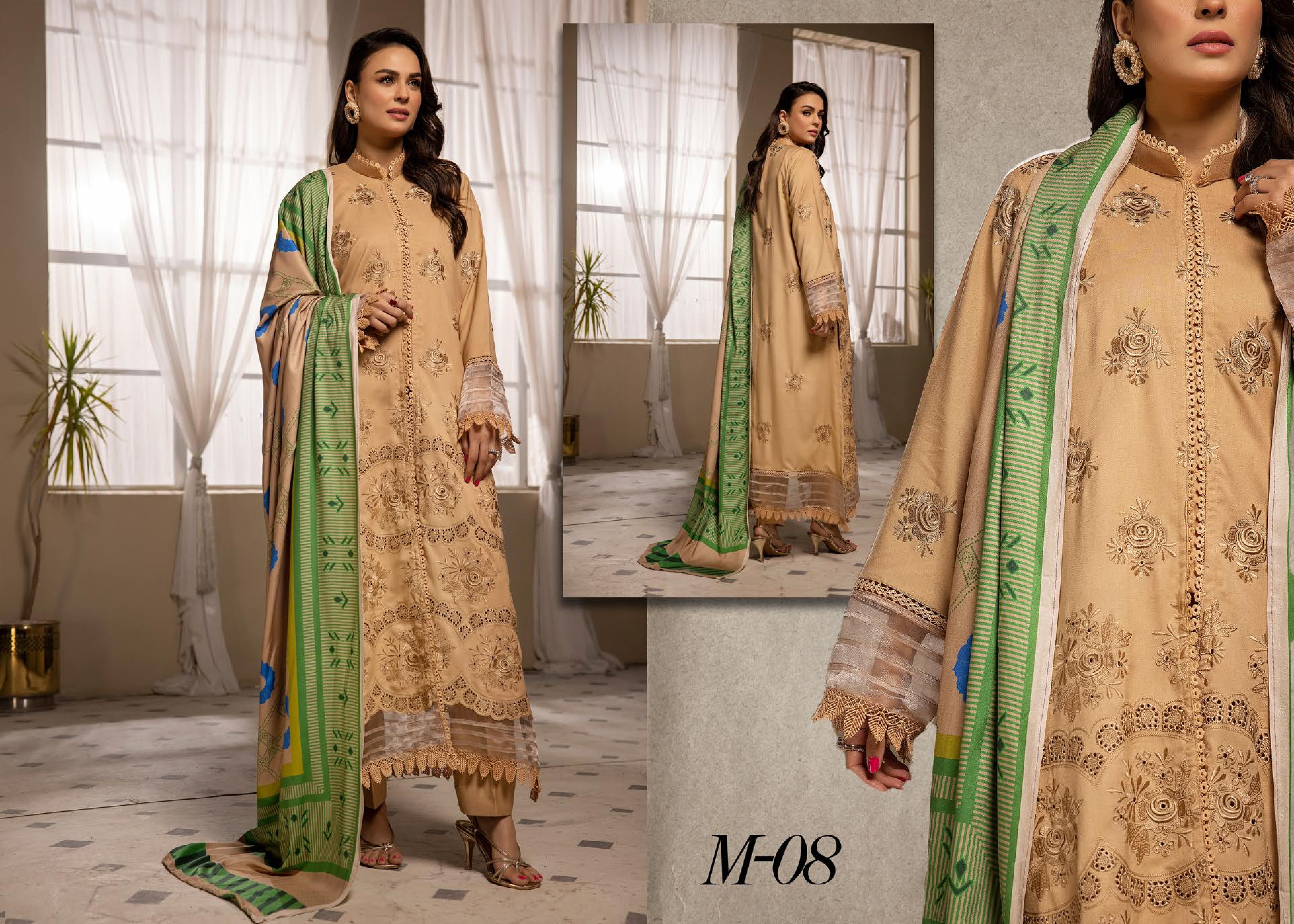 Mehak Embroidered Slub 3 Piece Suit (M-08)