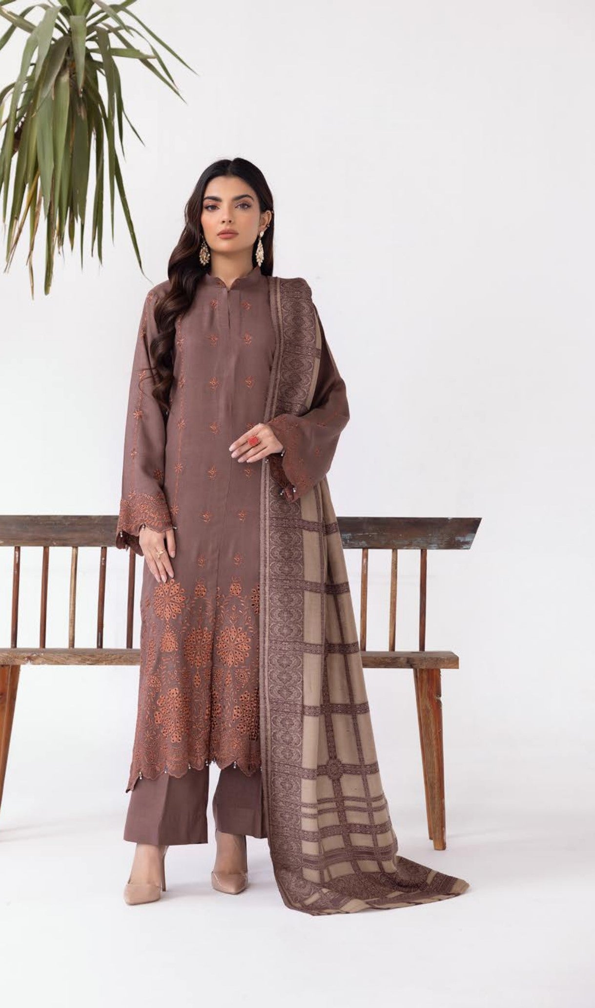 Mehrunisa Embroidered peach Leather collection with swati shawl(MN-01)