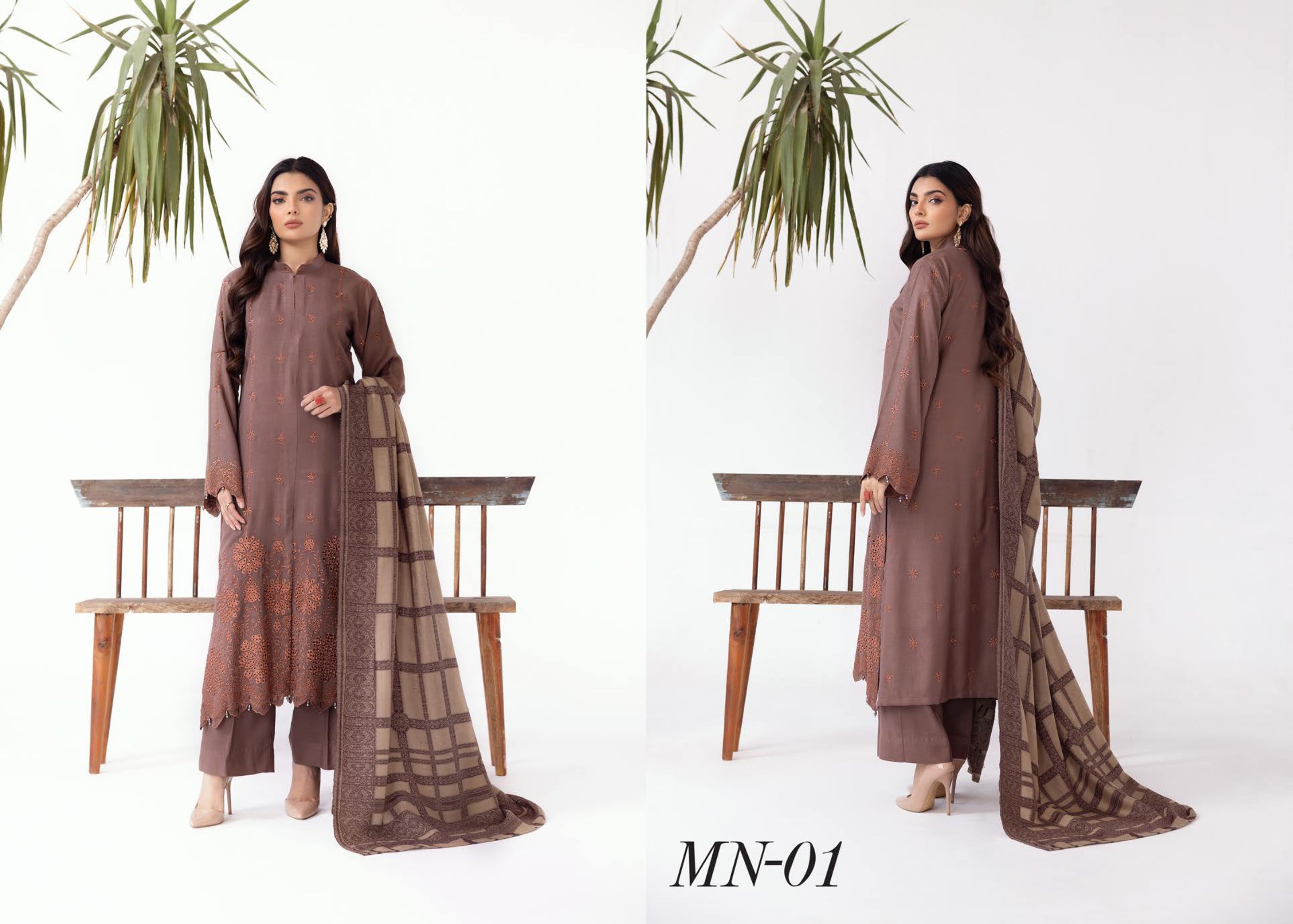 Mehrunisa Embroidered peach Leather collection with swati shawl(MN-01)