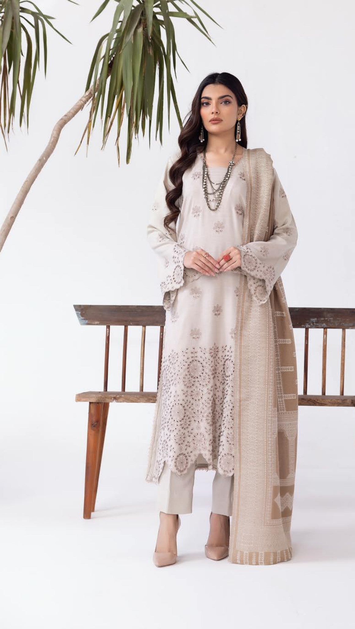 Mehrunisa Embroidered peach Leather collection with swati shawl(MN-02)