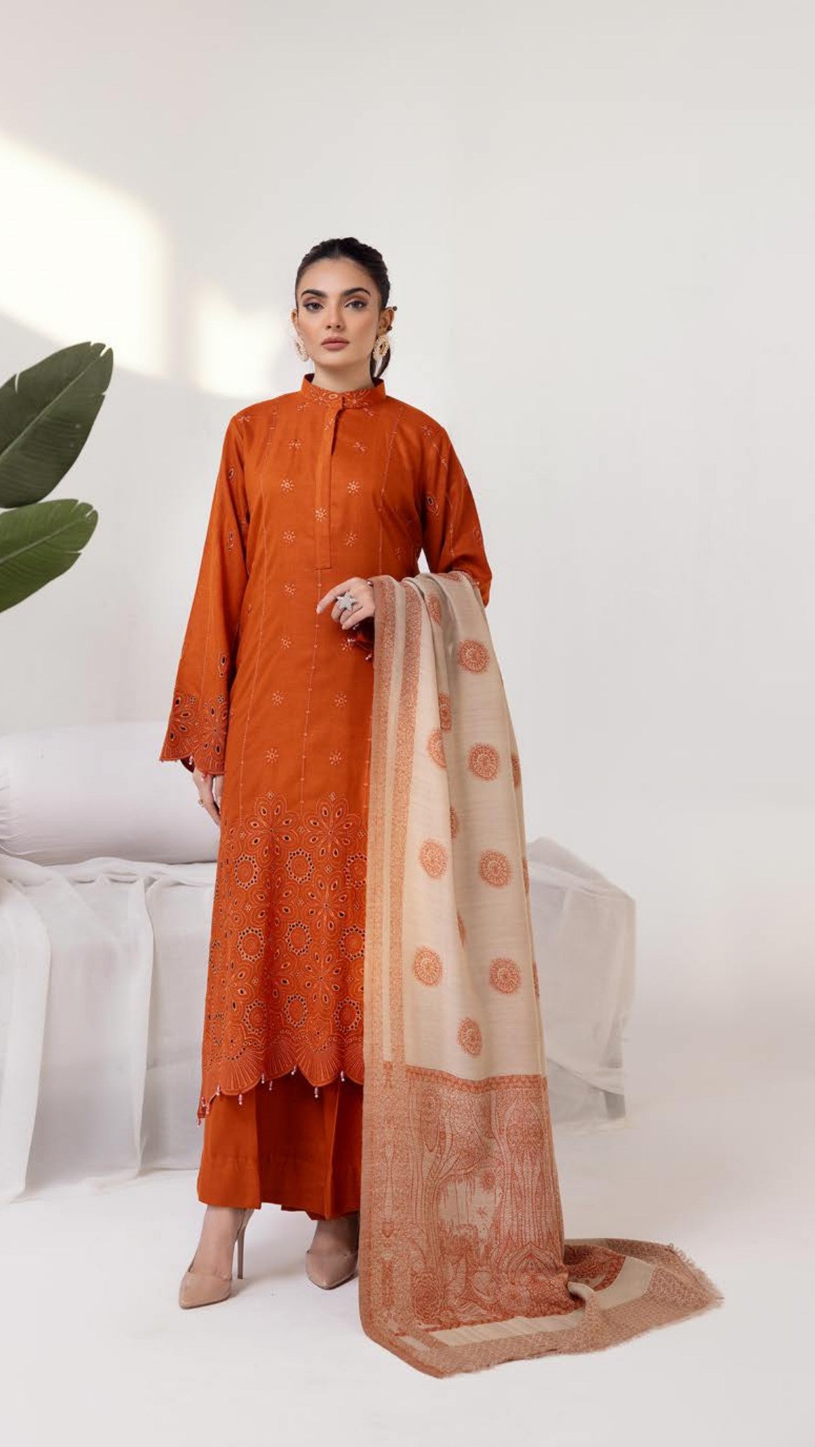 Mehrunisa Embroidered peach Leather collection with swati shawl(MN-03)