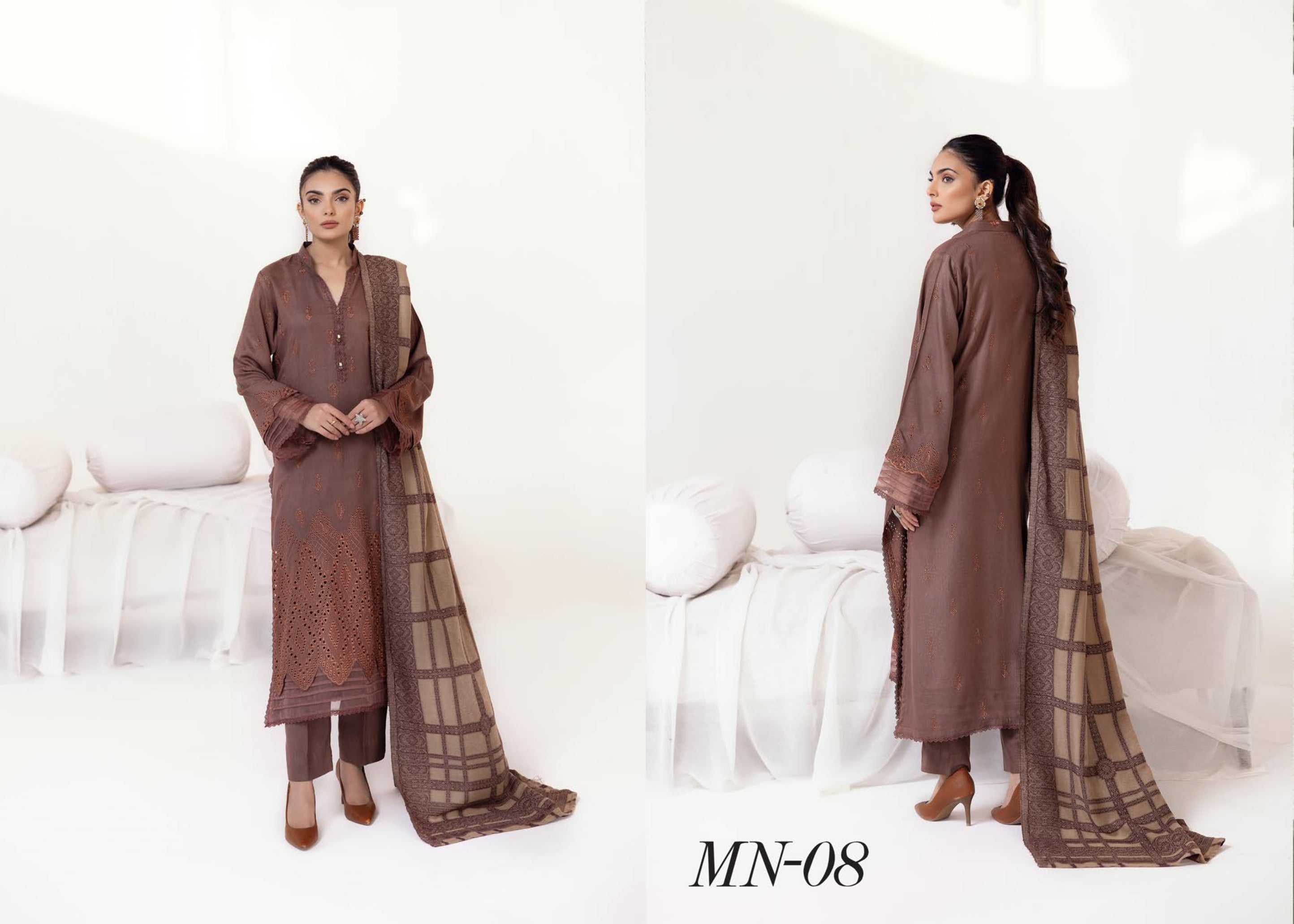 Mehrunisa Embroidered peach Leather collection with swati shawl(MN-08)