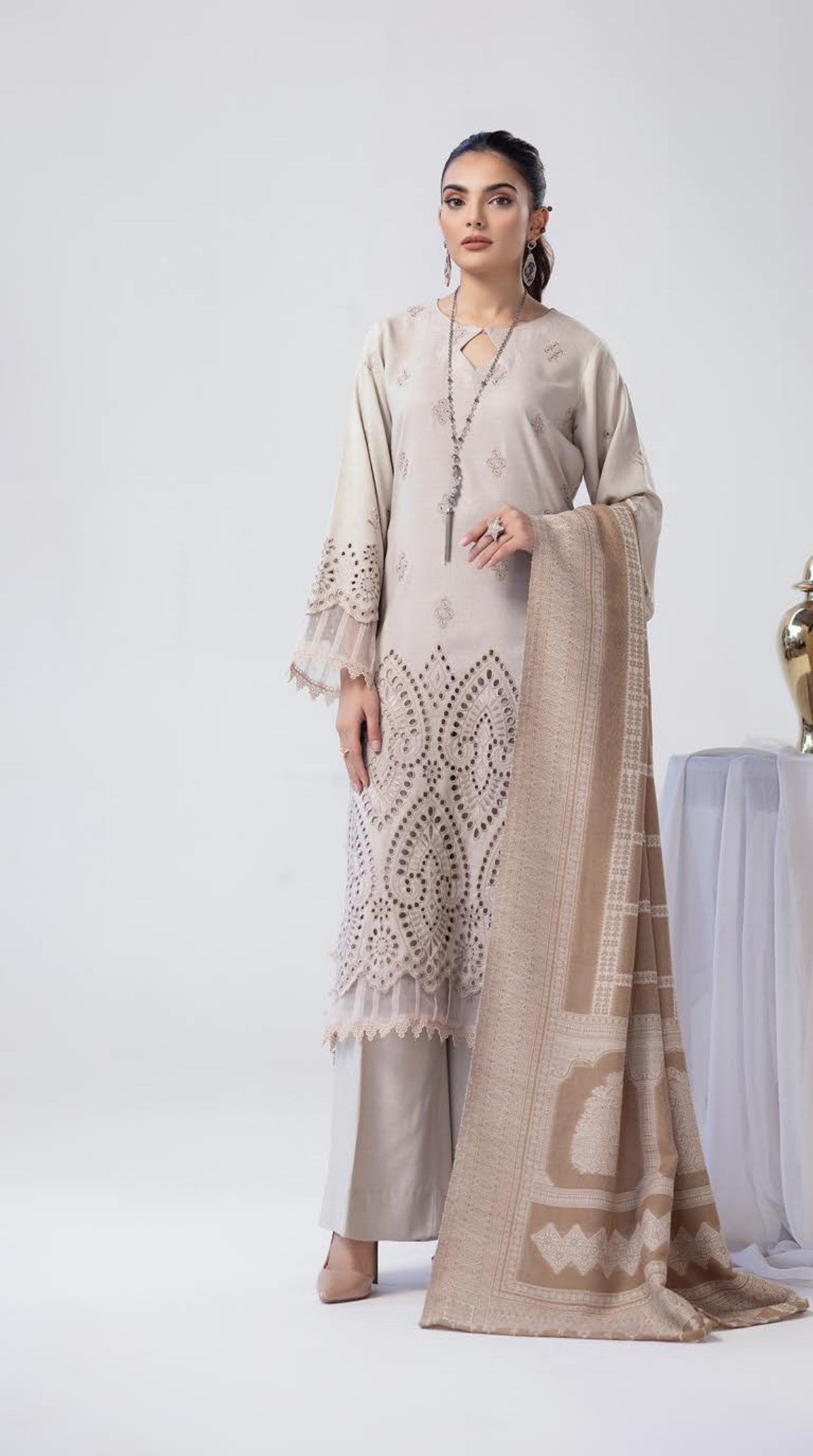 Mehrunisa Embroidered peach Leather collection with swati shawl(MN-09)