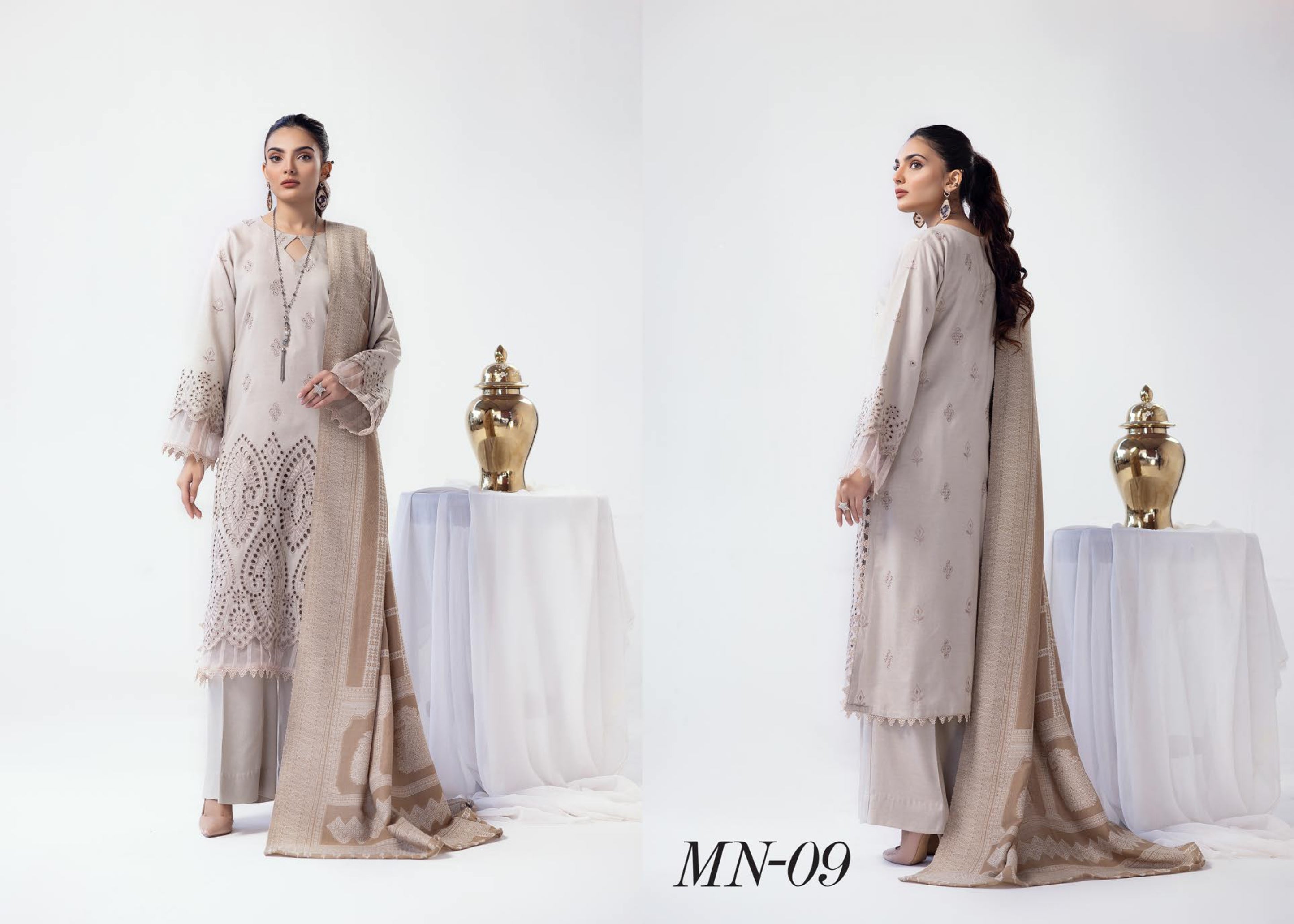 Mehrunisa Embroidered peach Leather collection with swati shawl(MN-09)