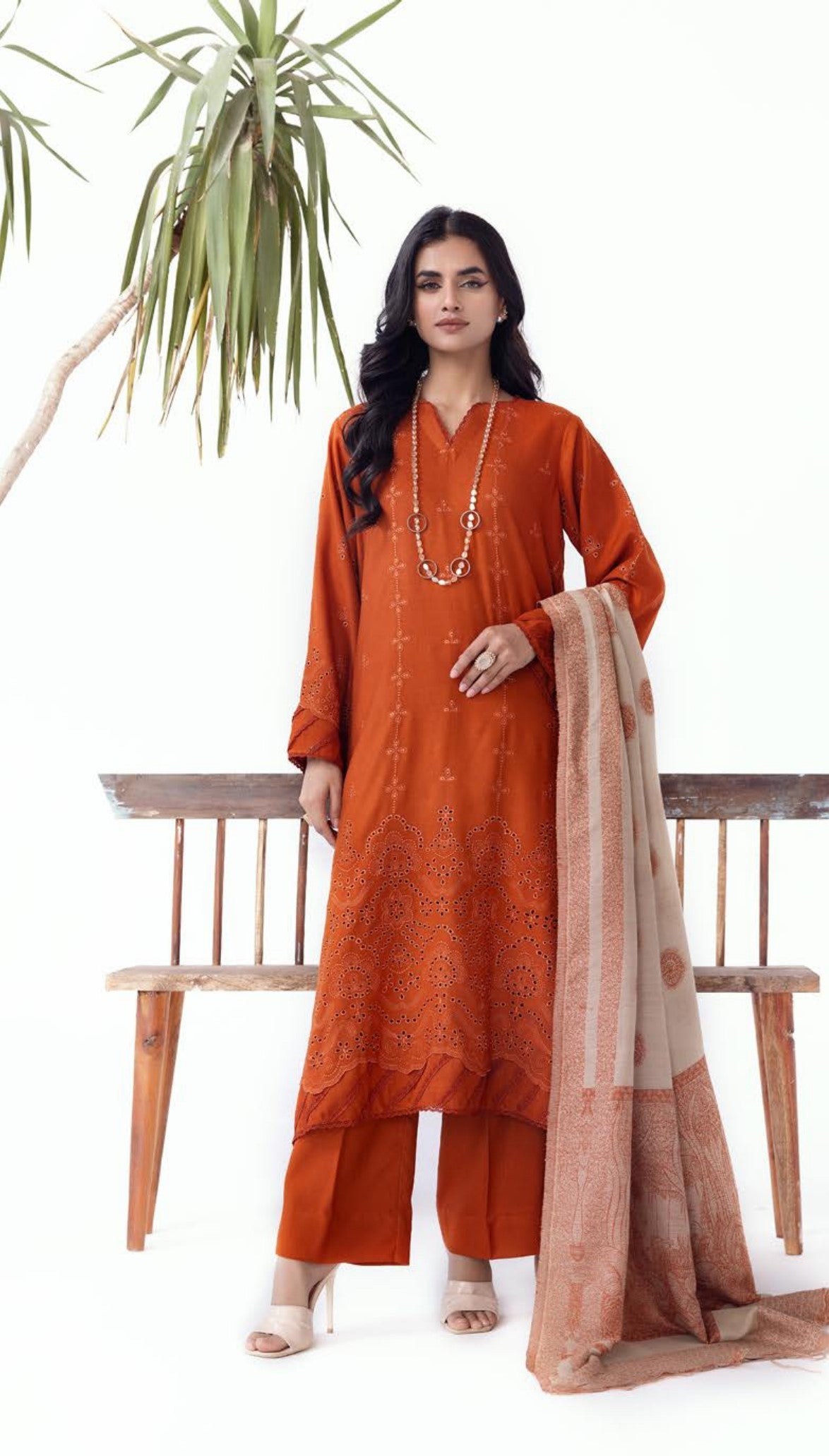 Mehrunisa Embroidered peach Leather collection with swati shawl(MN-10)