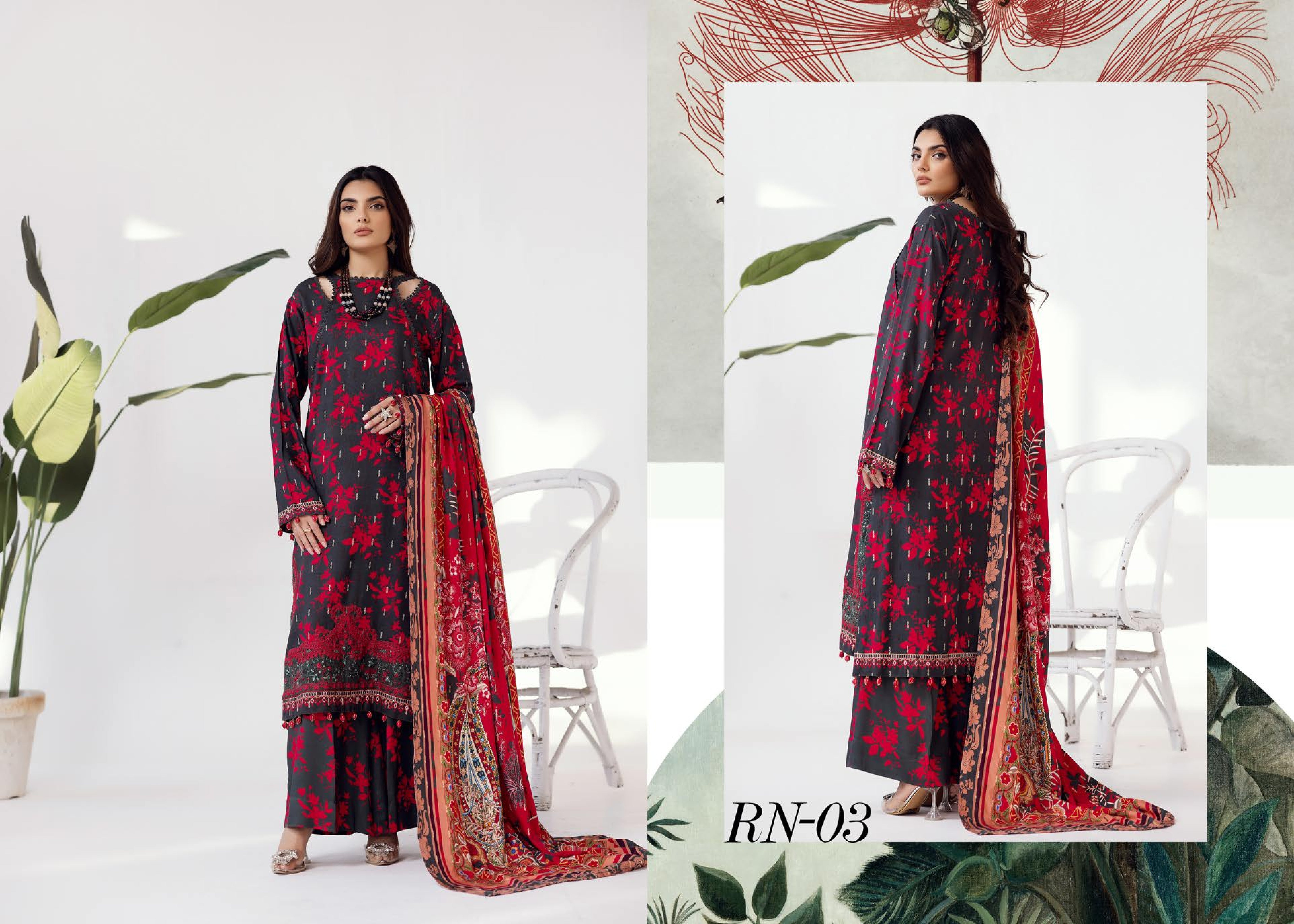 Rang Nagar Printed Slub 3 Piece Suit (RN-03)