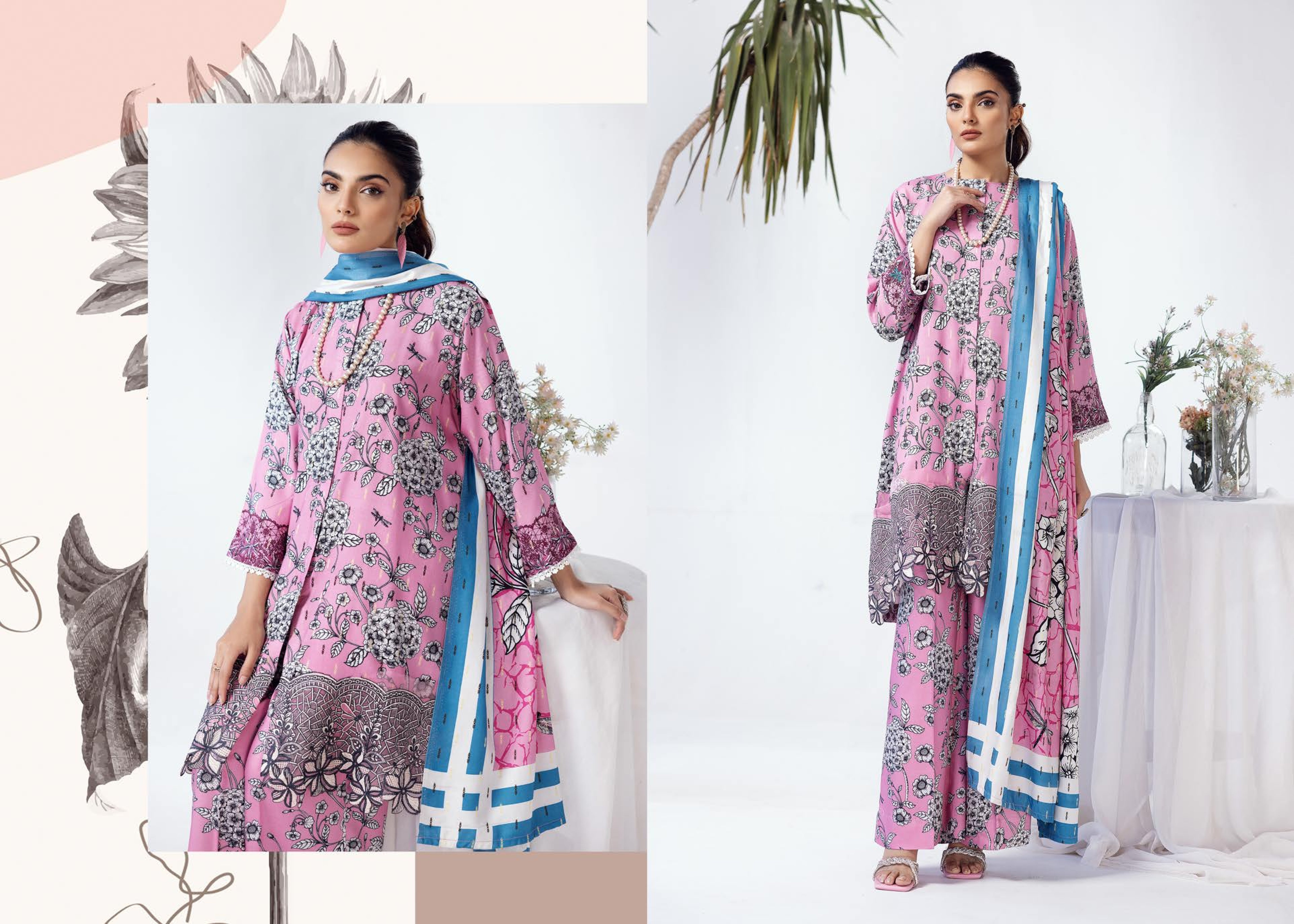 Rang Nagar Printed Slub 3 Piece Suit (RN-07)