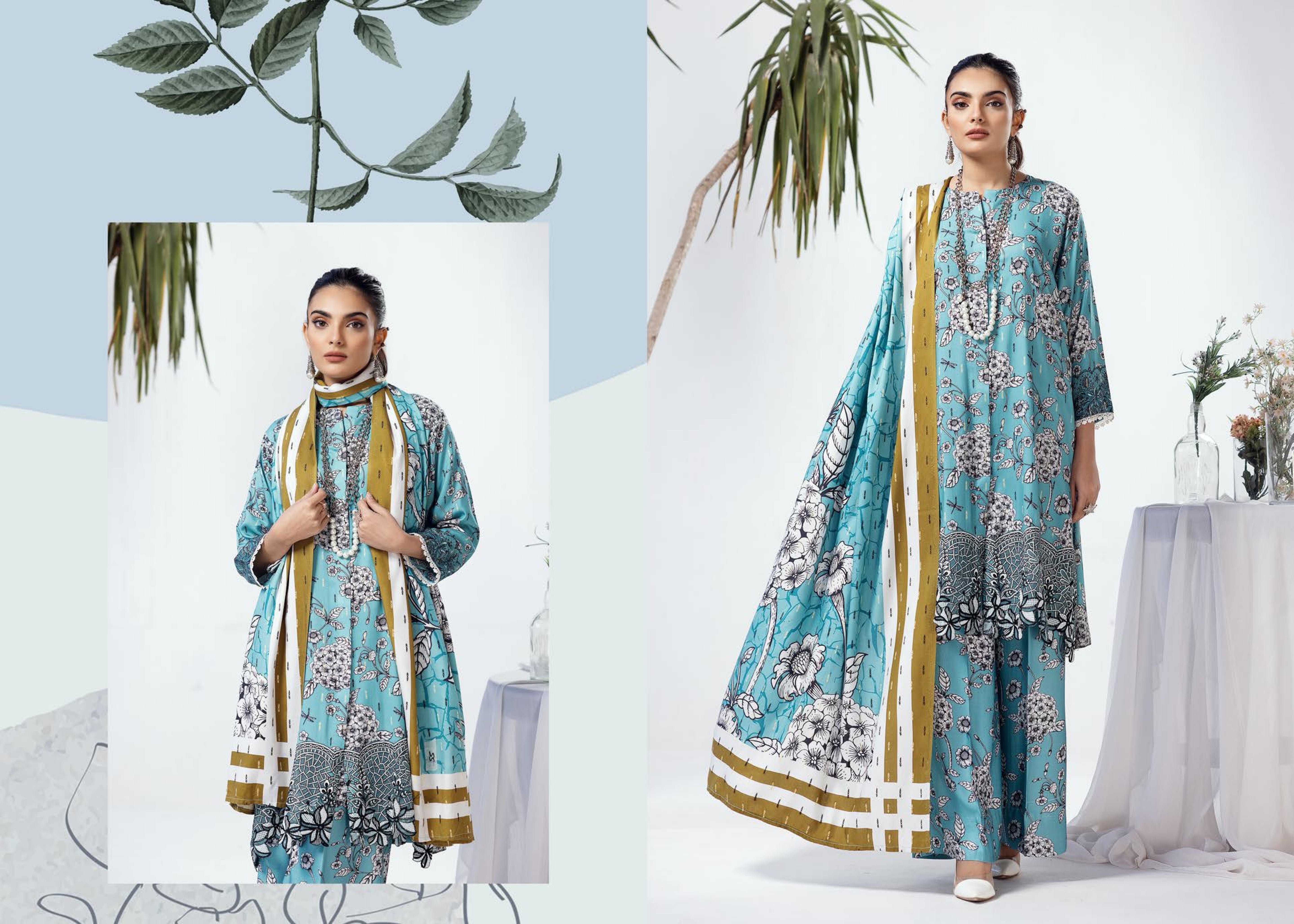 Rang Nagar Printed Slub 3 Piece Suit (RN-09)