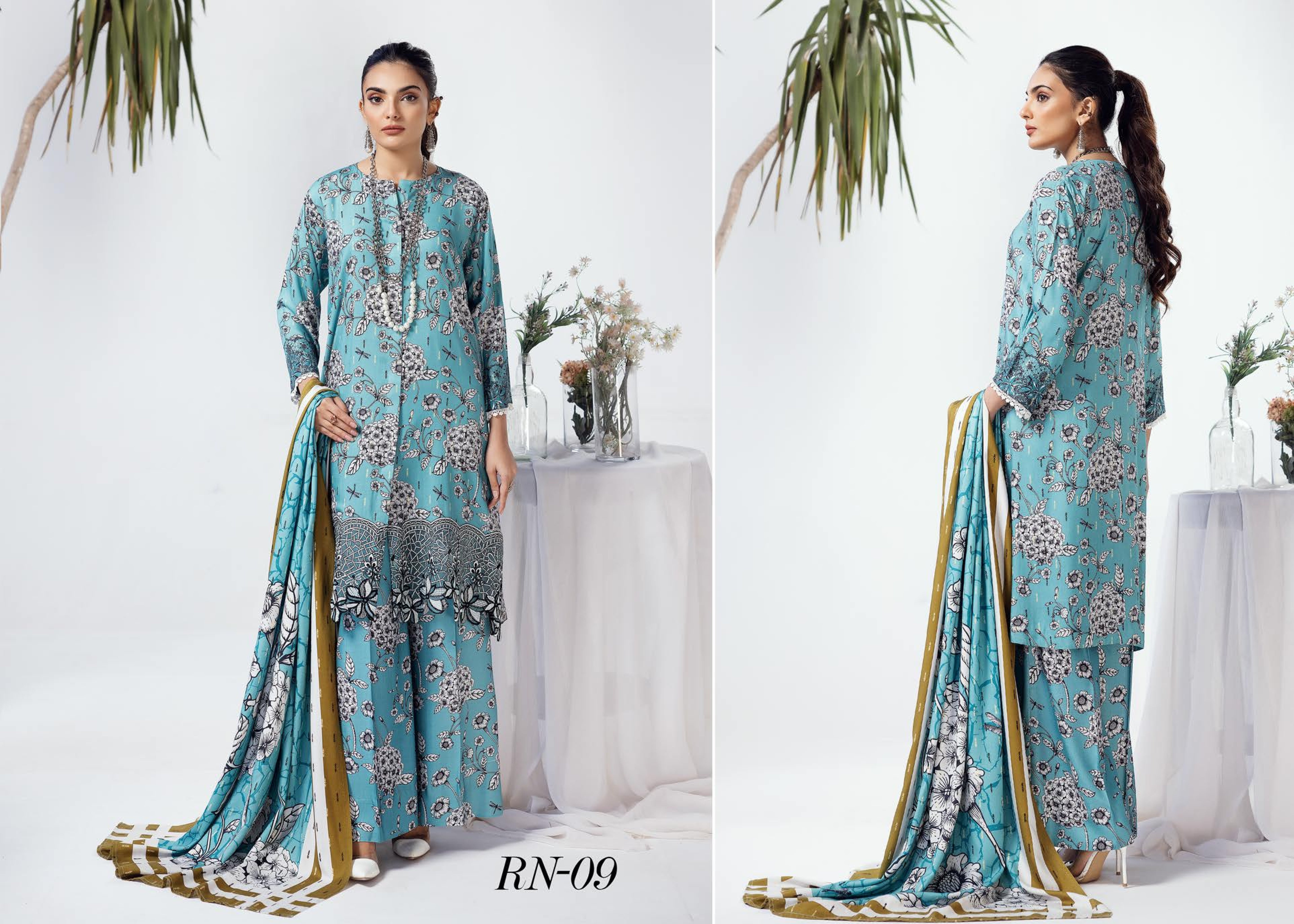 Rang Nagar Printed Slub 3 Piece Suit (RN-09)