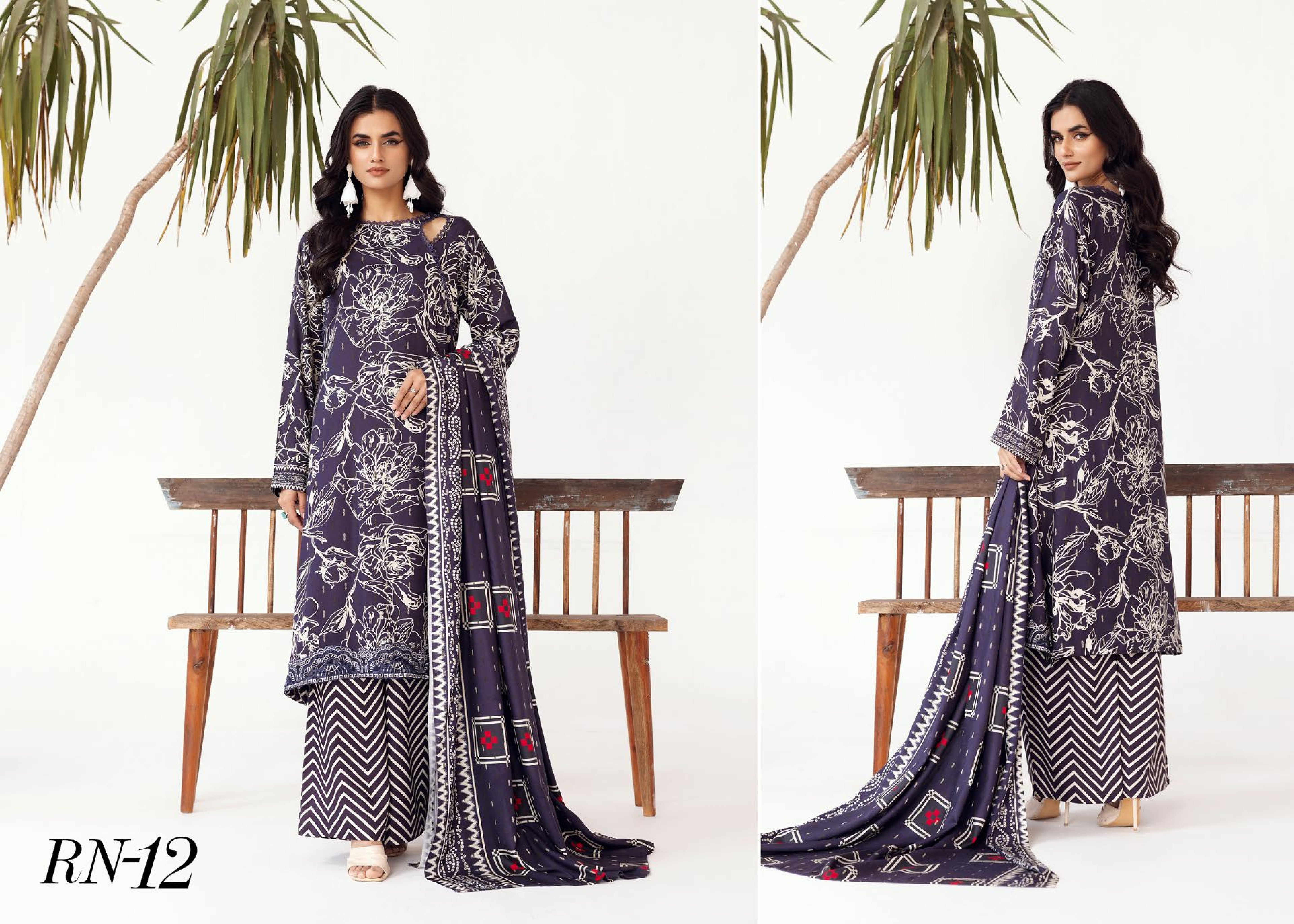 Rang Nagar Printed Slub 3 Piece Suit (RN-12)