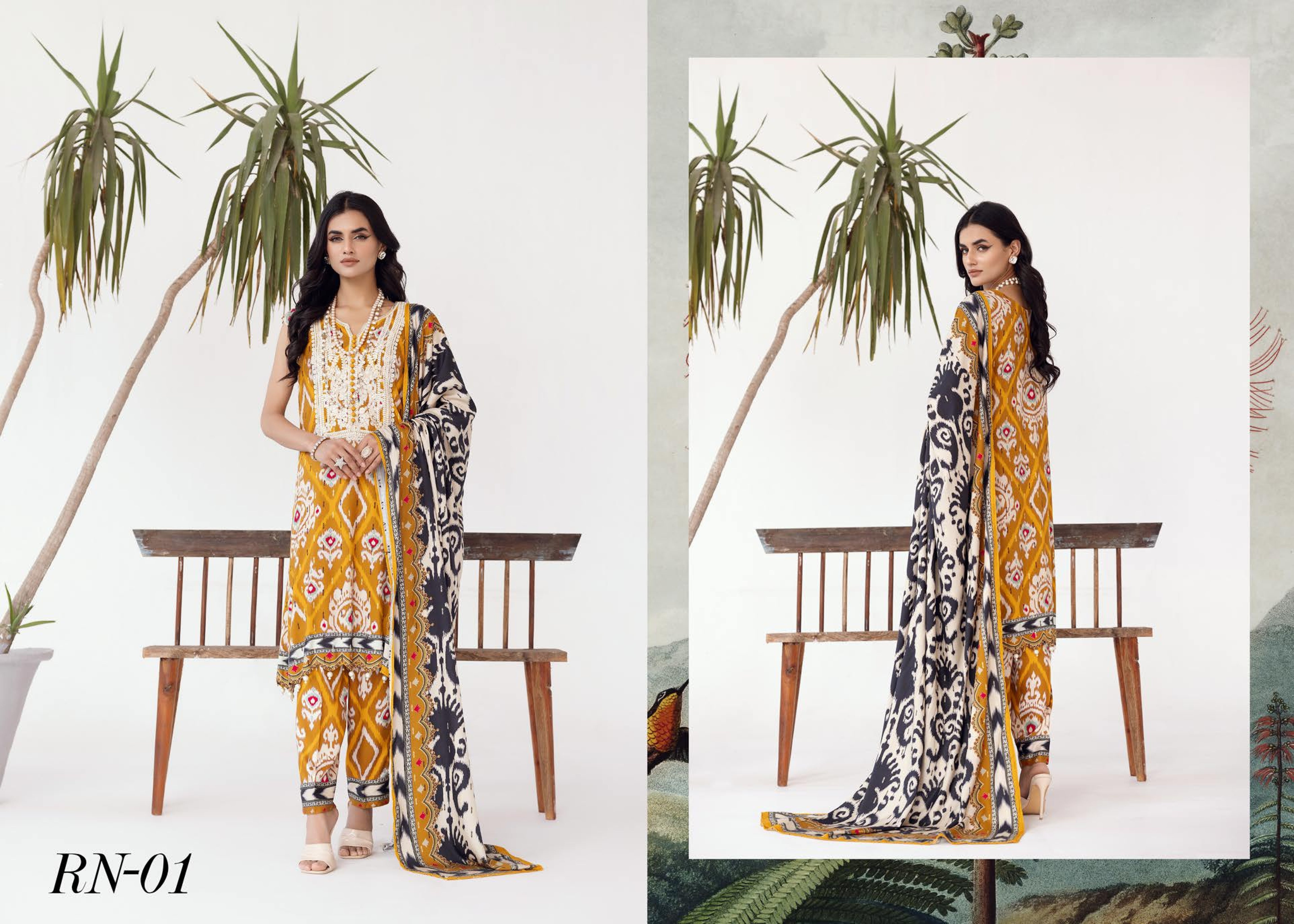 Rang Nagar Printed Slub 3 Piece Suit (RN-01)