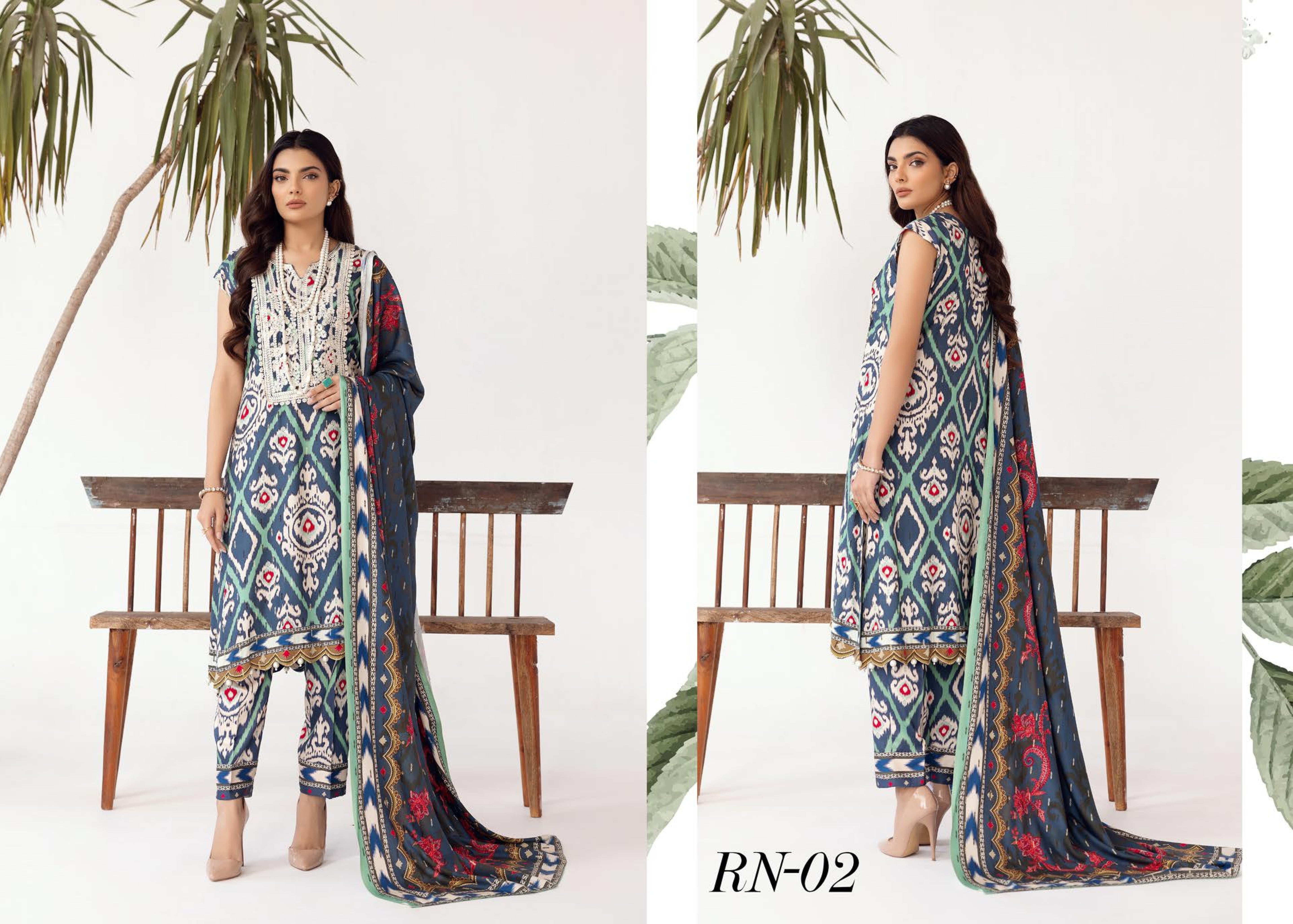 Rang Nagar Printed Slub 3 Piece Suit (RN-02)