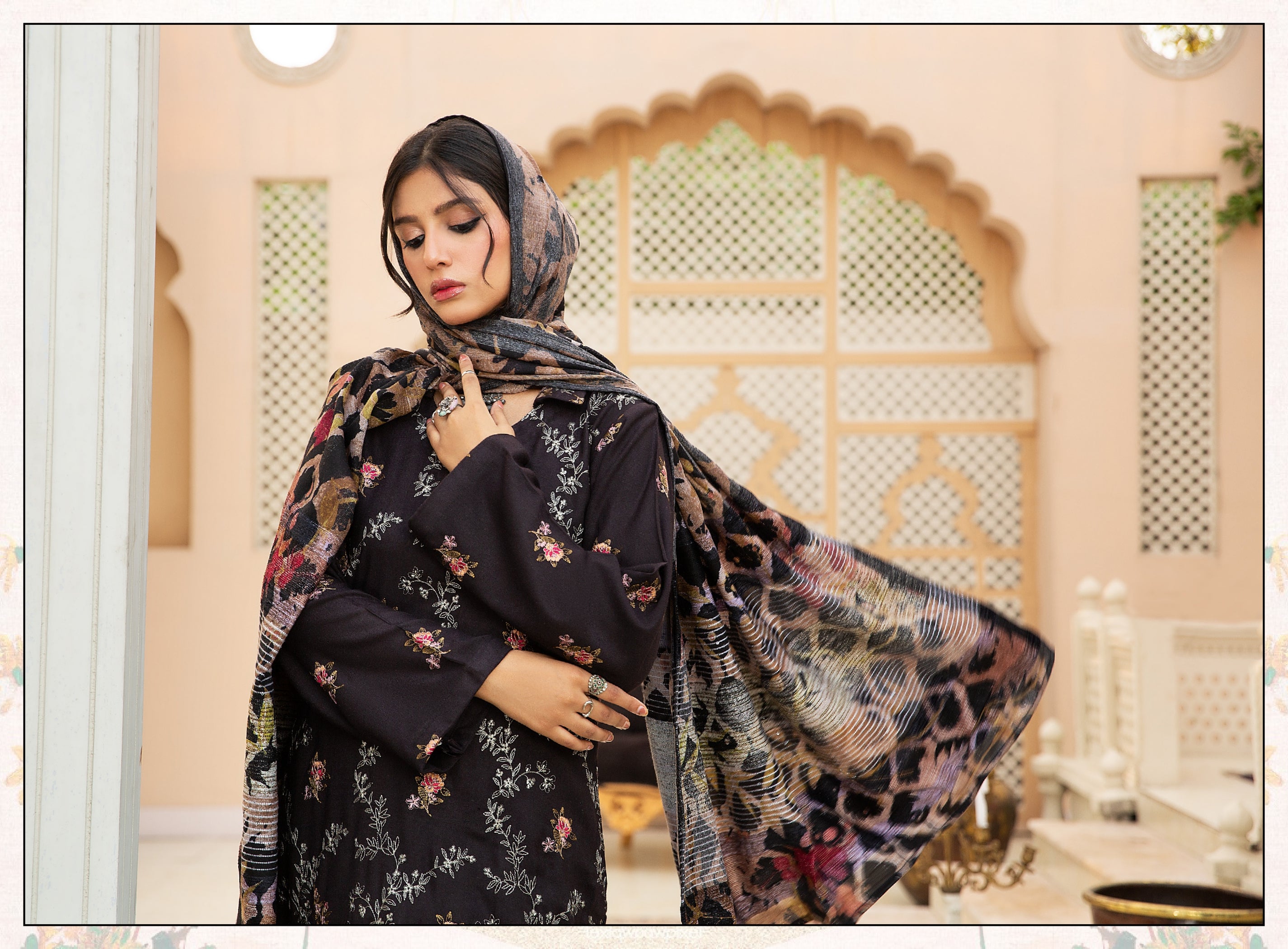 URAN BY KHOOBSURAT EMBROIDERED PEACH LEATHER COLLECTION  WOOL SHAWL(D-07)