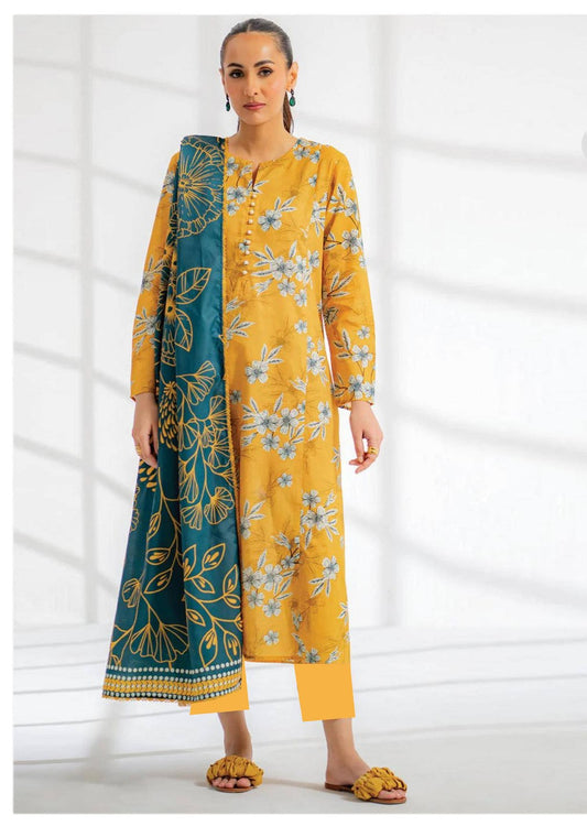 Golden Bloom - 3 Piece Mustard & Teal Lawn Suit | Bold Floral Statement