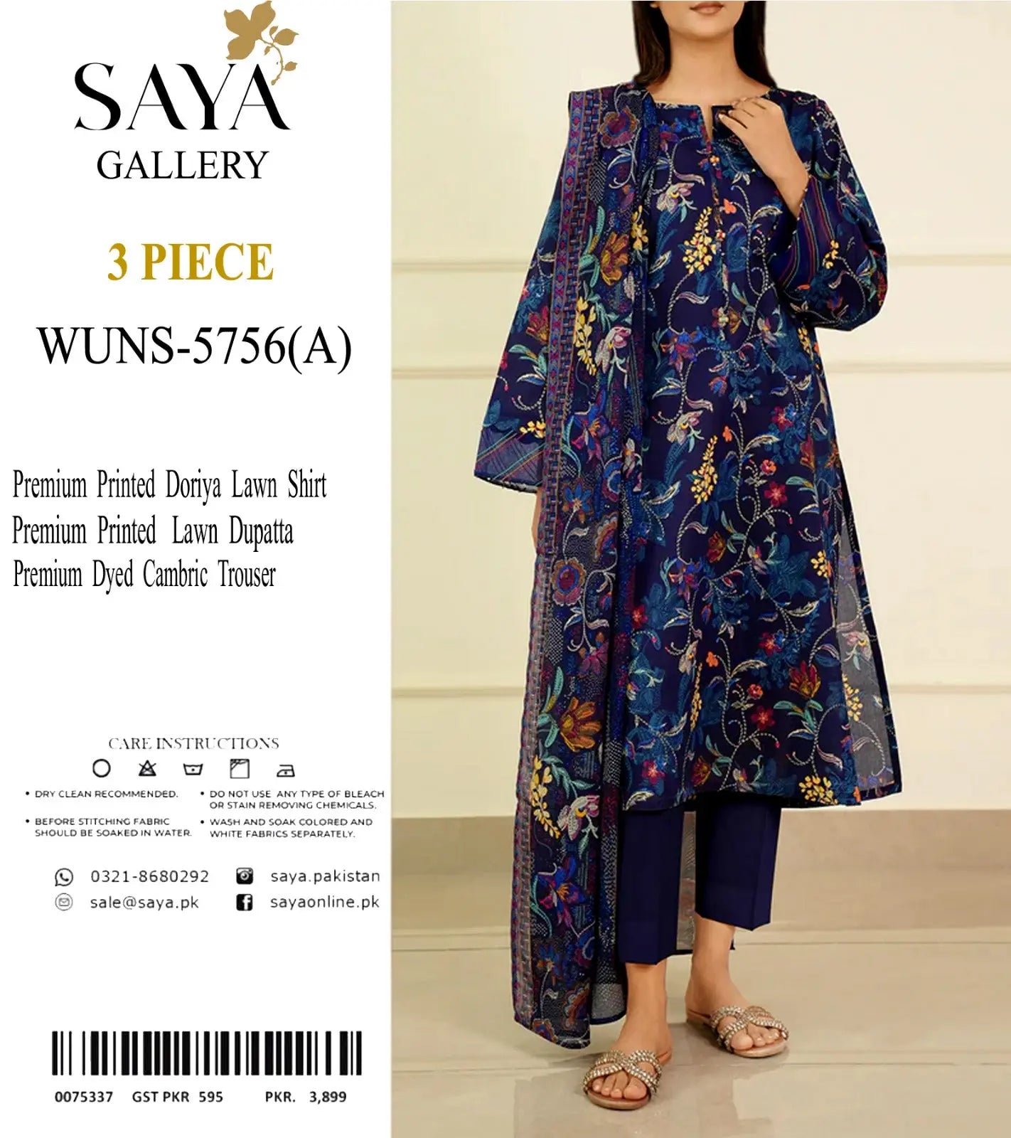 Elegant Navy Blue Printed Lawn Suit with Dupatta - Saya Gallery Khoobsurat