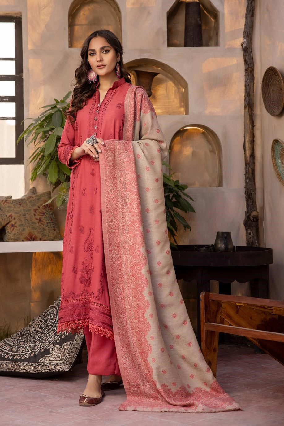 Zeenat by khoobsurat Embroidered Peach Leather Collection with Sawati Shawl (Z-08)