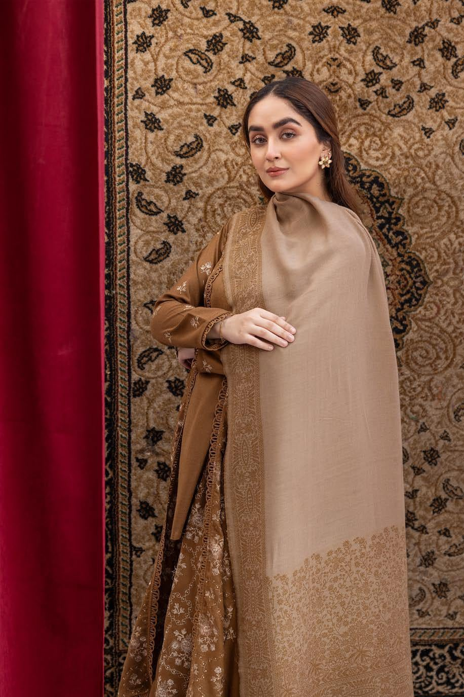 Anchal Embroidery Peach Leather 3 Piece Suit with Sawati Shawl (AS-08)