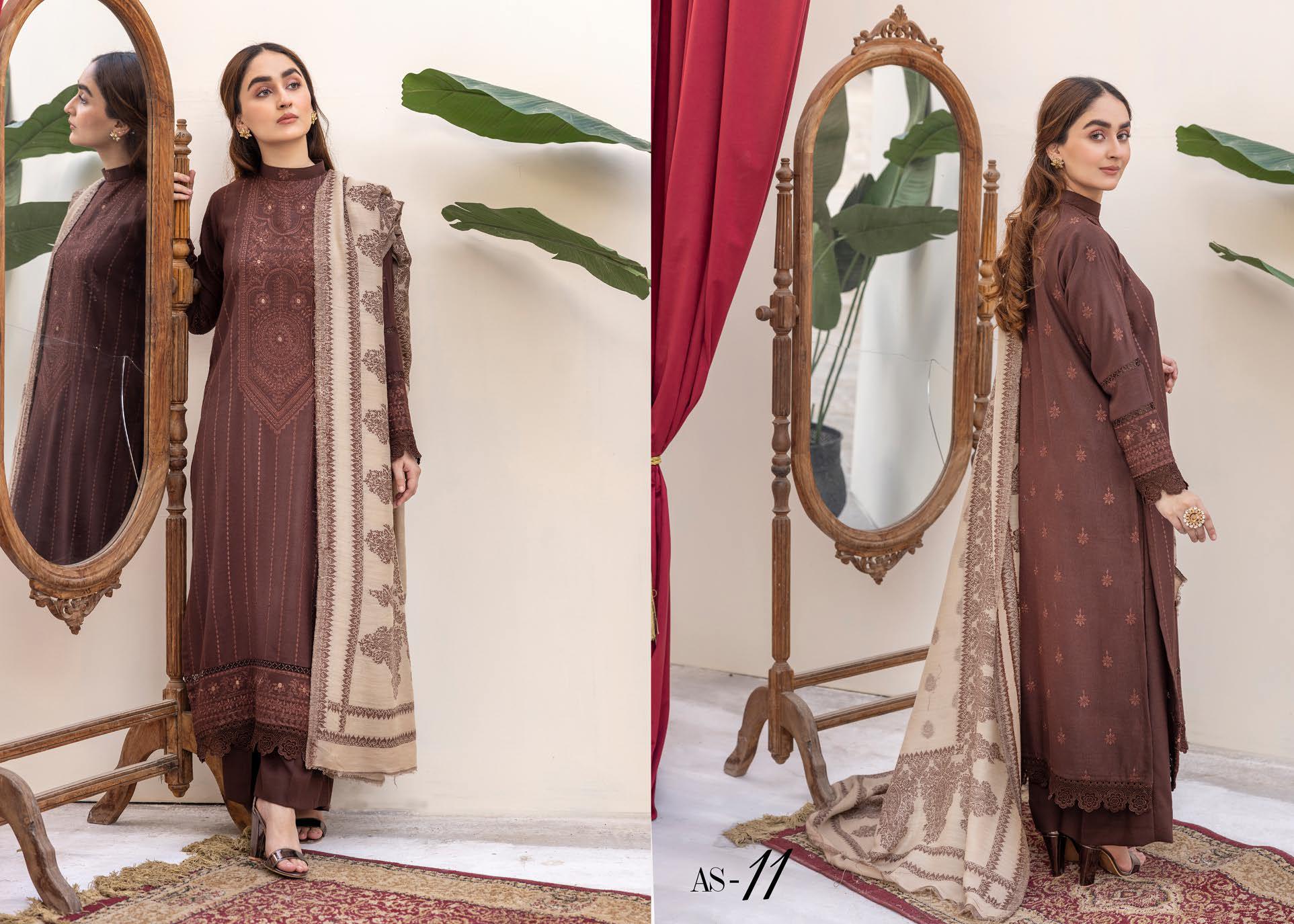 Anchal Embroidery Peach Leather 3 Piece Suit with Sawati Shawl (AS-11)