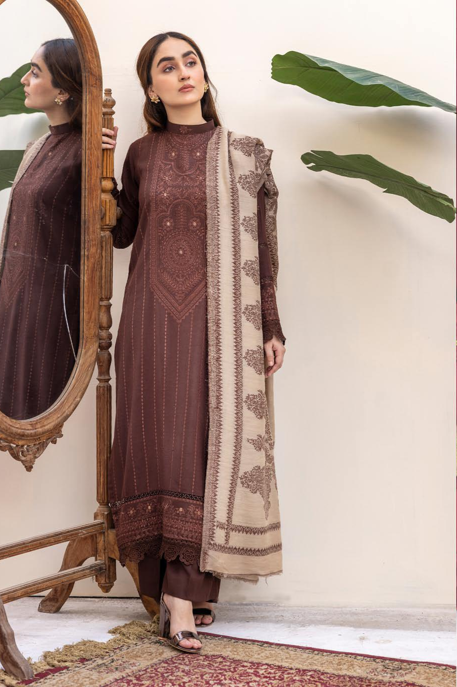 Anchal Embroidery Peach Leather 3 Piece Suit with Sawati Shawl (AS-11)