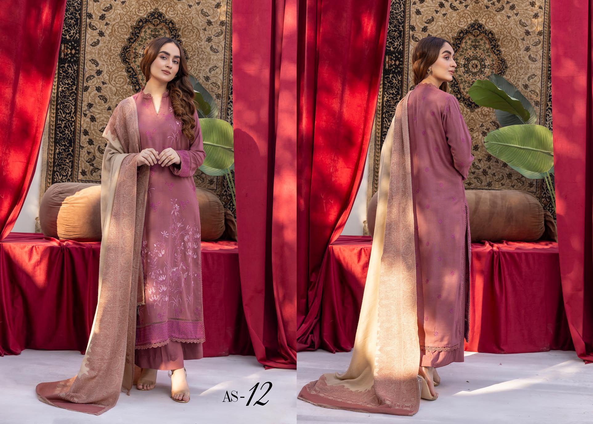 Anchal Embroidery Peach Leather 3 Piece Suit with Sawati Shawl (AS-12)