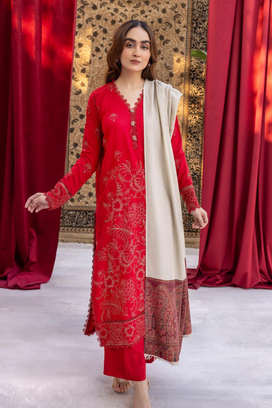 Anchal Embroidery Peach Leather 3 Piece Suit with Sawati Shawl (AS-06)