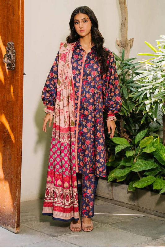 Navy Blue & Pink Floral Lawn 3-Piece Suit | Bold & Timeless | Khoobsurat Summer 2025