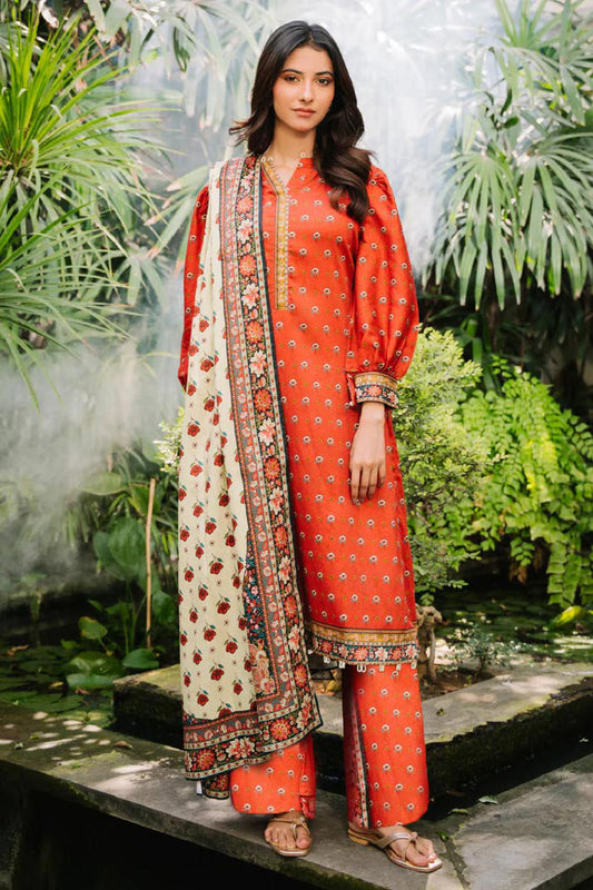 Burnt Orange & Ivory Floral Lawn 3-Piece Suit | Festive Summer Charm | Khoobsurat 2025